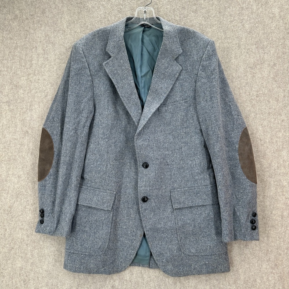 VTG Tweed Sport Coat Mens 42 L Grey/Blue Wool Blazer Elbow Patches‎ USA